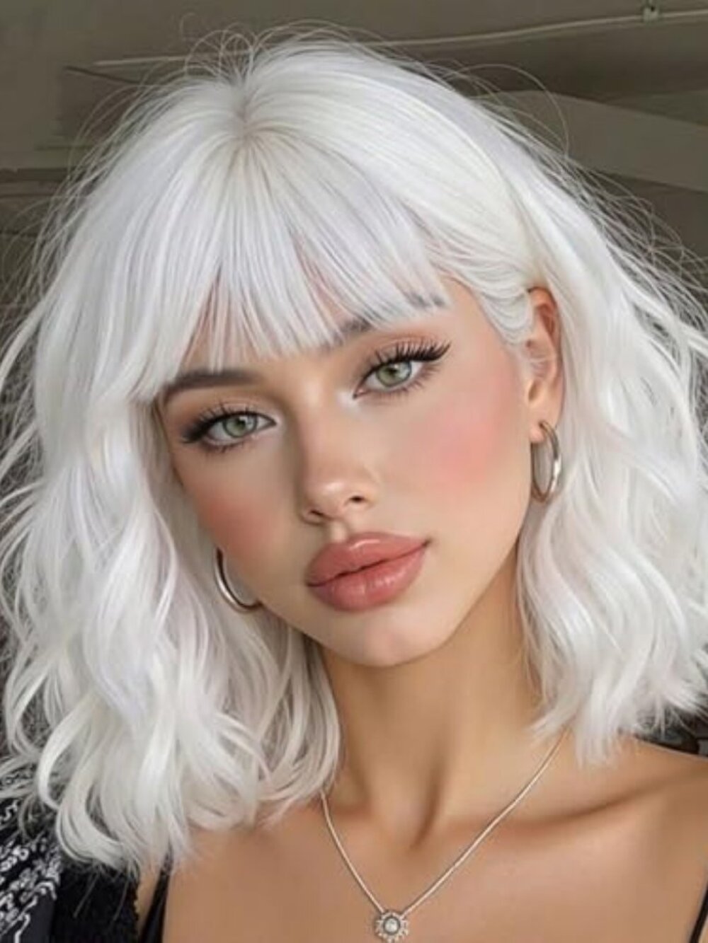 White Short Wavy Bob Synthetic Wig with Bangs for Women